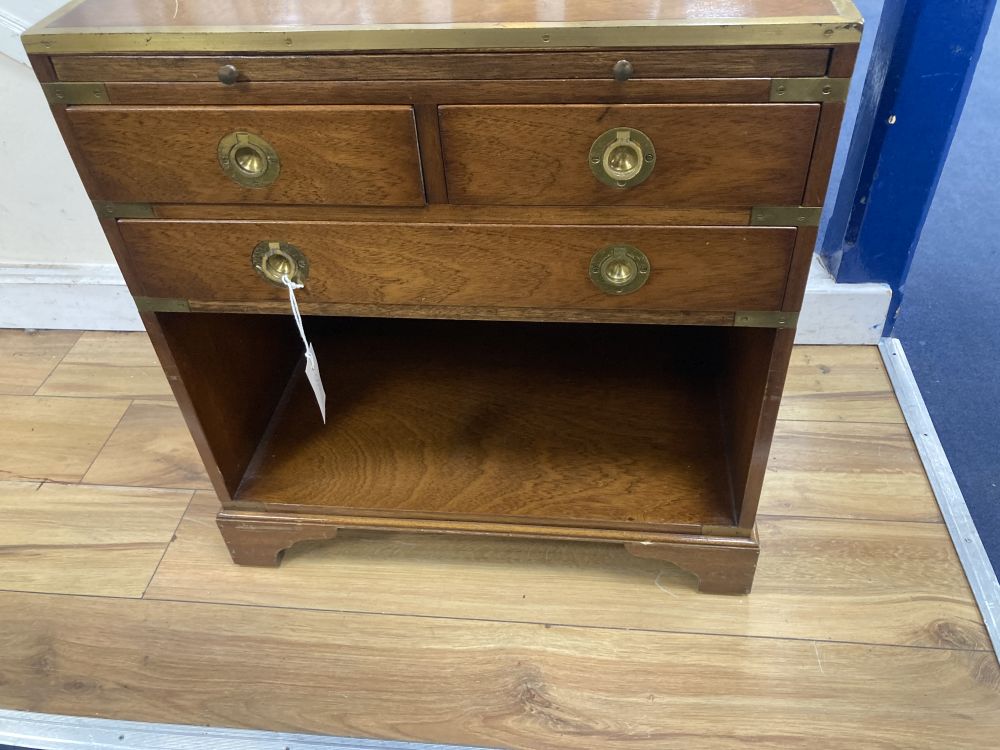 A brass mounted military style side cabinet, fitted slide, width 56cm, depth 41cm, height 60cm